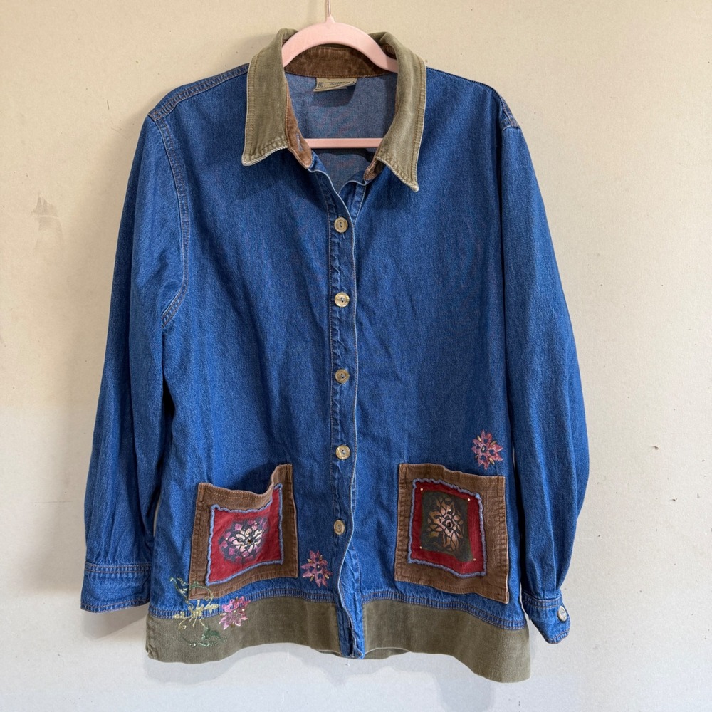 Vtg Monique Fashions Denim Barn Jacket Embroidered Corduroy Chore Coat 16 L